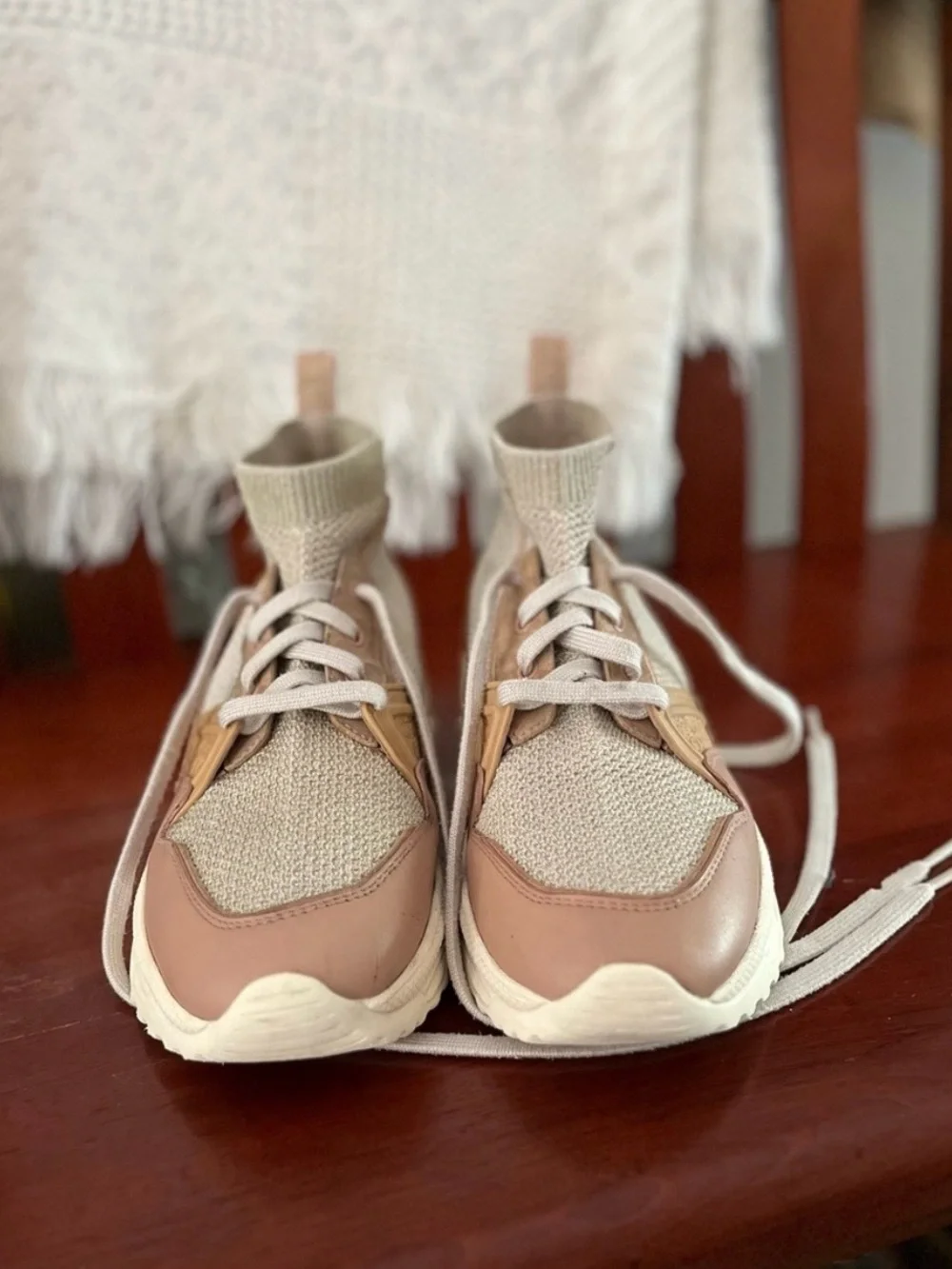 Coach Knit High-Top Sneakers in Beige, Tan and Cream